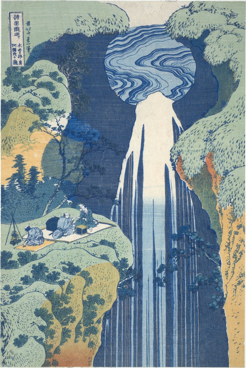 Wodospad Amida w oddali przy drodze Kiso, z serii „Podróż po wodospadach różnych prowincji” autorstwa Katsushika Hokusai