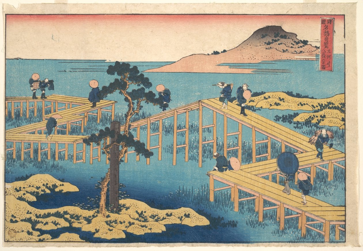 Starożytny widok mostu Yatsuhashi w prowincji Mikawa (Mikawa no Yatsuhashi no kozu), z serii „Niezwykłe widoki mostów w różnych prowincjach” (Shokoku meikyō kiran) autorstwa Katsushika Hokusai