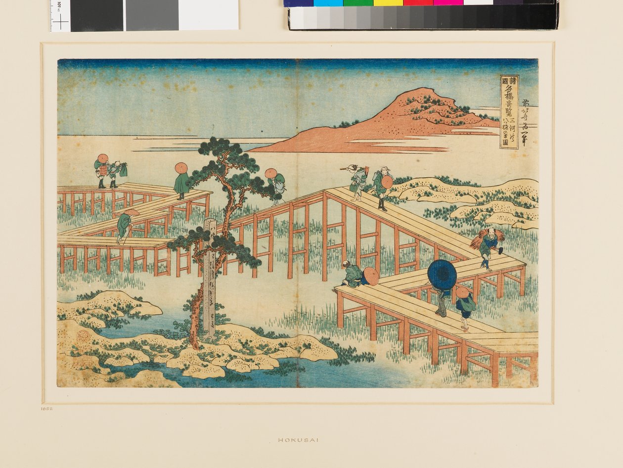 Starożytny widok ośmioczęściowego mostu w Mikawa autorstwa Katsushika Hokusai