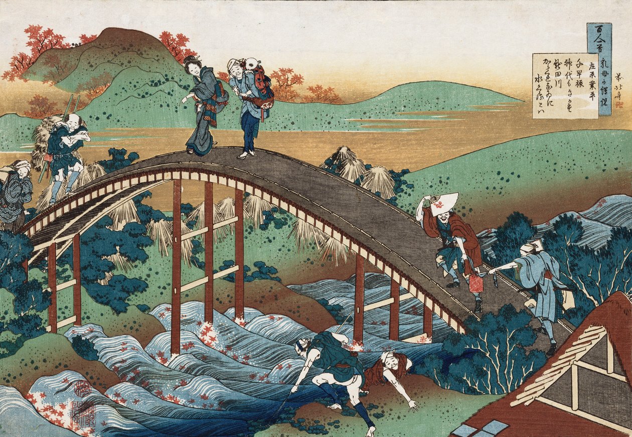 Jesienne liście nad rzeką Tsutaya, z cyklu „Sto wierszy opowiedzianych przez pielęgniarkę”, c.1839 autorstwa Katsushika Hokusai