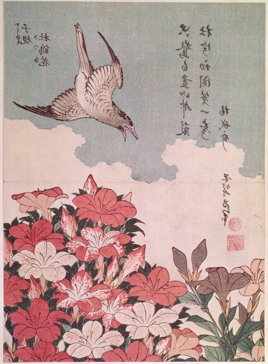 Azalia i kukułka, wyd. Eijudo, ok. 1830 (kolorowy drzeworyt) autorstwa Katsushika Hokusai