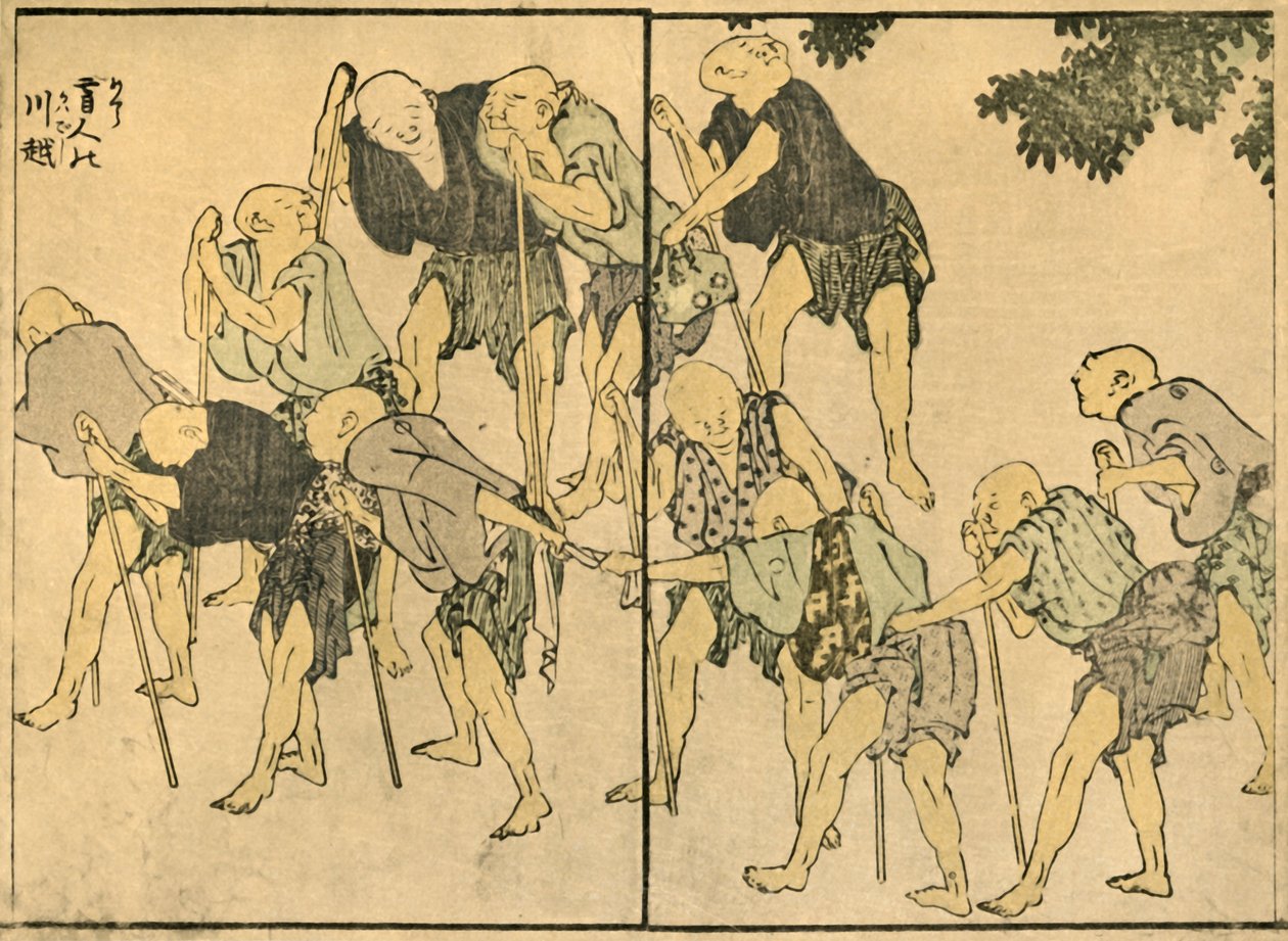 Boso starsi mężczyźni z laskami, 1820, 1924. autorstwa Katsushika Hokusai