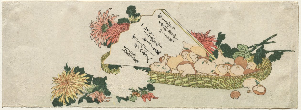 Kosz z Wachlarzem, Chryzantemami i Grzybami autorstwa Katsushika Hokusai