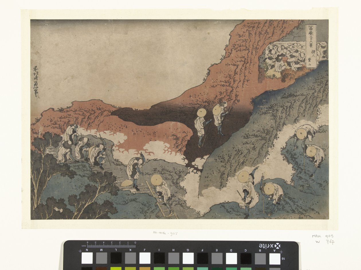 alpiniści Shojin Tozan (tytuł na obiekcie) 36 widoków góry Fuji (tytuł serii) Fugaku sanjurokkei (tytuł serii na obiekcie) autorstwa Katsushika Hokusai