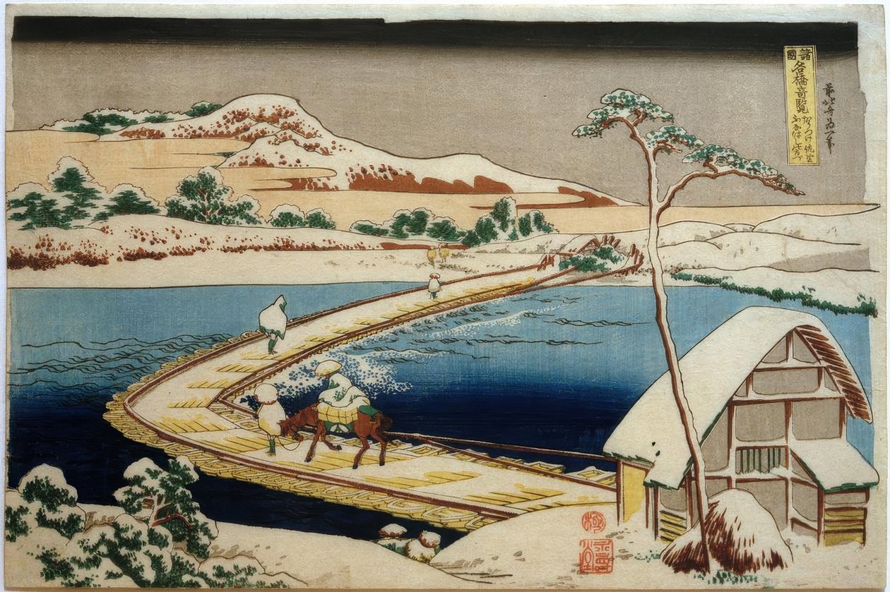 Widok na dawny most dla łodzi w pobliżu Sano w prowincji Kôzuke autorstwa Katsushika Hokusai