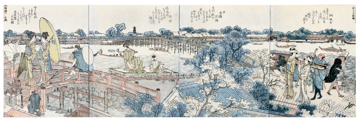 Ekslibrisy przedstawiające sceny krajobrazowe z Ehon Sumidagawa Ryogan Ichiran autorstwa Katsushika Hokusai