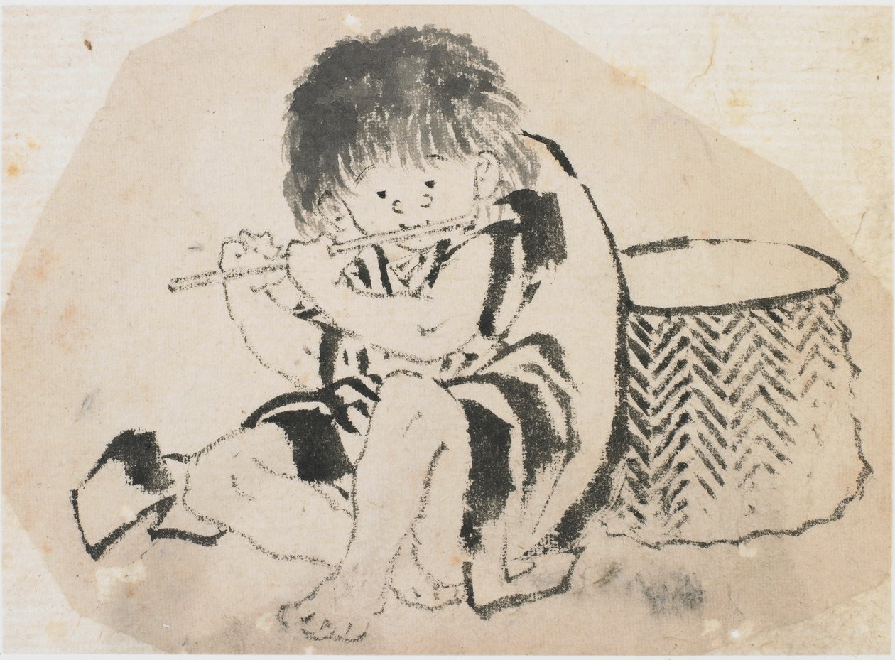 Chłopiec grający na flecie, okres Edo, ca. 1840. autorstwa Katsushika Hokusai