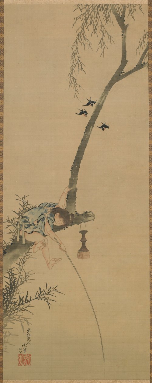 Chłopiec łowiący z gałęzi drzewa, okres Edo, 1839. autorstwa Katsushika Hokusai