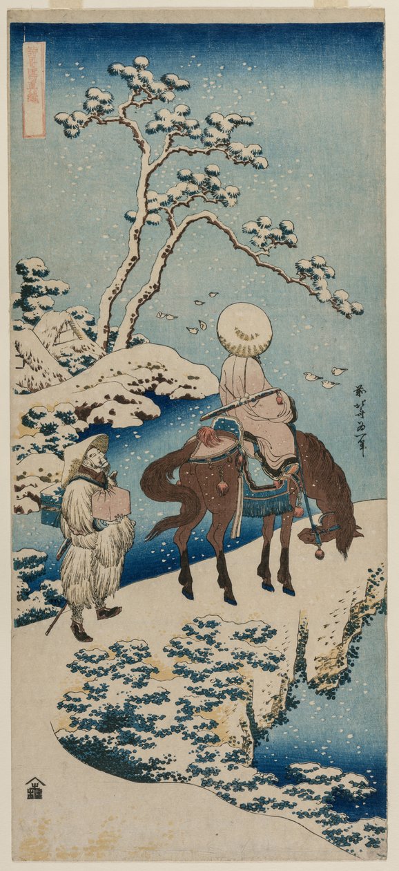 Chiński urzędnik zatrzymał się na moście, aby zobaczyć śnieg..., 1834-1835. autorstwa Katsushika Hokusai