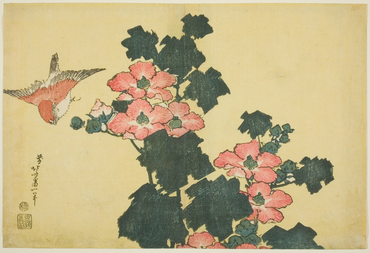 Cotton Roses and Sparrow, z serii bez tytułu Duże kwiaty autorstwa Katsushika Hokusai