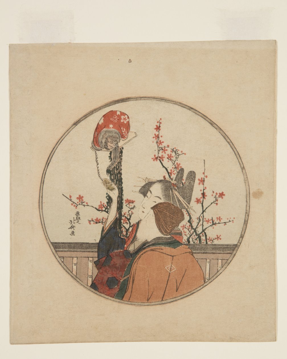 Kurtyzana, Gość i Pet Monkey (kolorowy drzeworyt) autorstwa Katsushika Hokusai