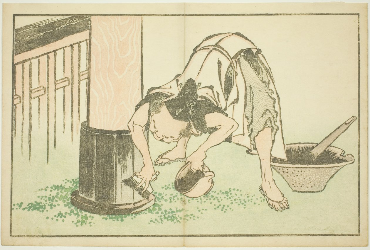 Rzemieślnik pracujący nad świątynią, z Księgi obrazkowej realistycznych obrazów Hokusaia (Hokusai shashin gafu) autorstwa Katsushika Hokusai