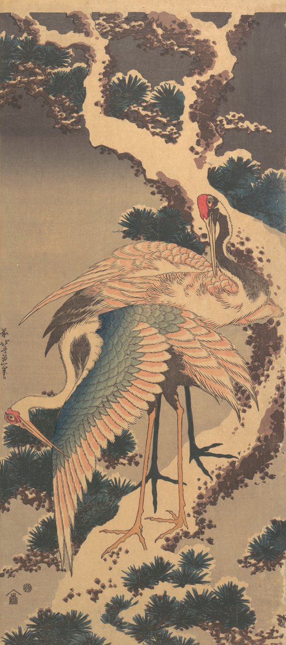 Żurawie na gałęzi ośnieżonej sosny, koniec lat 20. XIX wieku. autorstwa Katsushika Hokusai