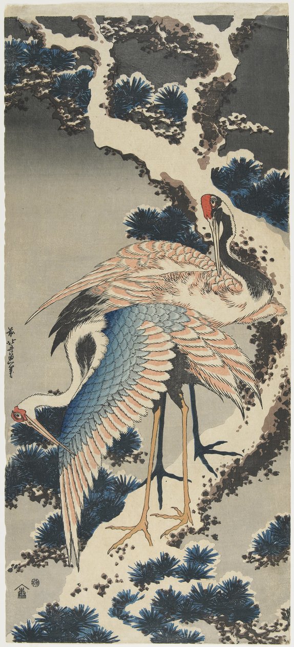 Żurawie na sosnie, ok. godz. 1834 autorstwa Katsushika Hokusai