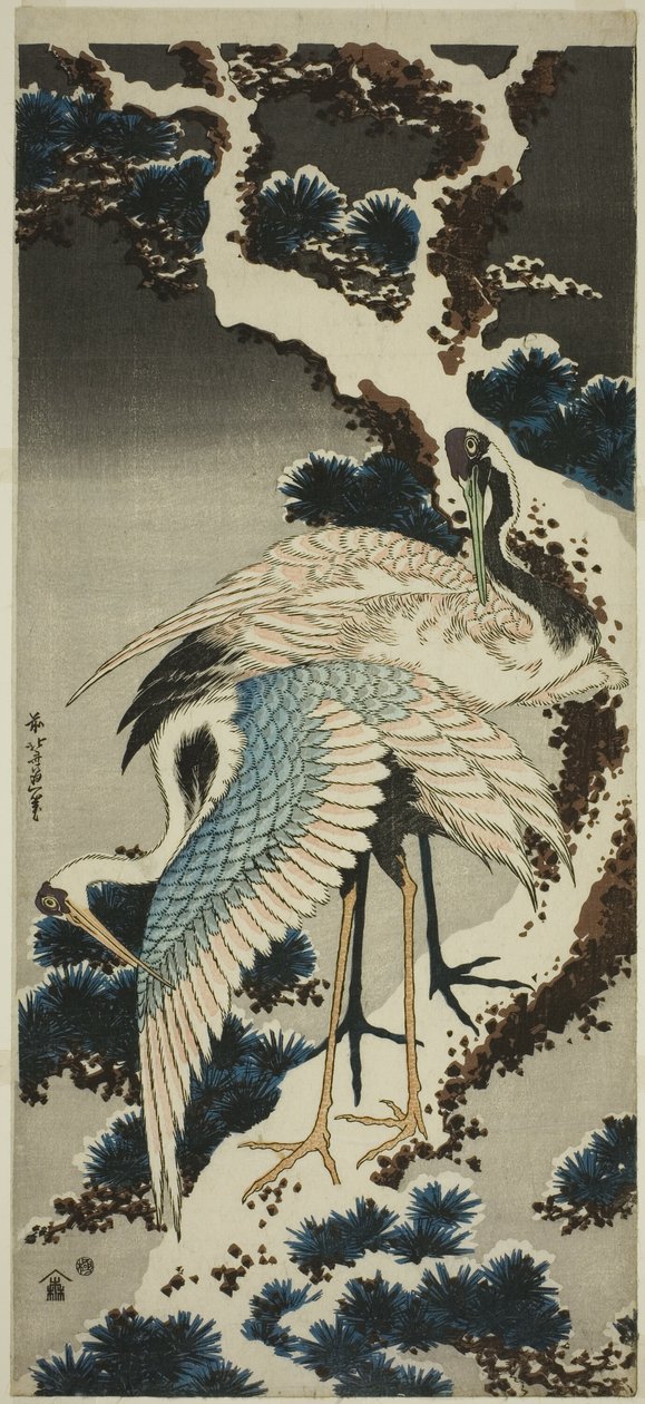 Żurawie na ośnieżonej sośnie autorstwa Katsushika Hokusai