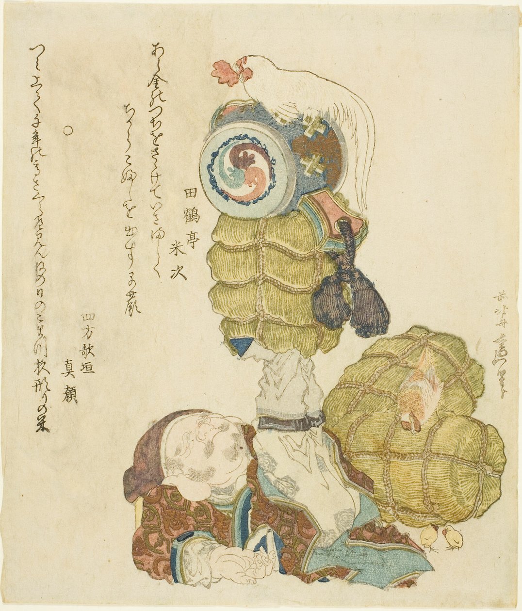 Daikoku balansujący na nogach bel ryżu, młotka i koguta autorstwa Katsushika Hokusai