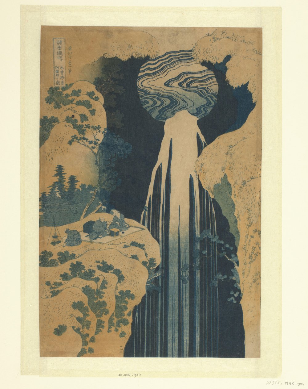 De Amida waterval langs de Kisokaido Kisoji no oku Amida-ga-taki (tytuł na obiekcie) Een rondreis langs de watervallen in de provincies (tytuł serii) Shokoku taki meguri (tytuł serii na obiekcie) autorstwa Katsushika Hokusai