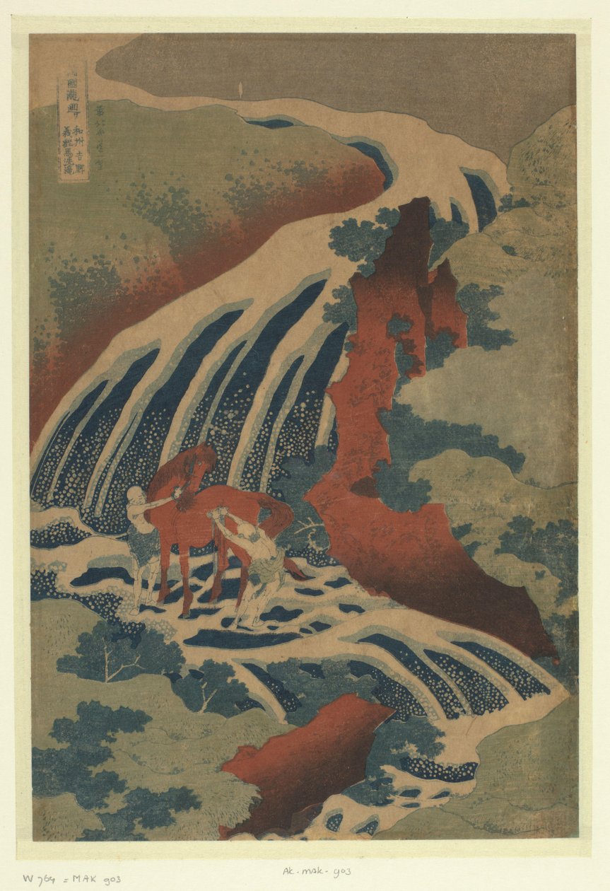Wodospad, w którym Yoshitsune mył konia w Yoshino w Yamato Washu Yoshino Yoshitsune uma taki (tytuł na obiekcie) Wycieczka po wodospadach w prowincjach (tytuł serii) Soshu Oyama Roben no taki (tytuł serii na obiekcie) autorstwa Katsushika Hokusai