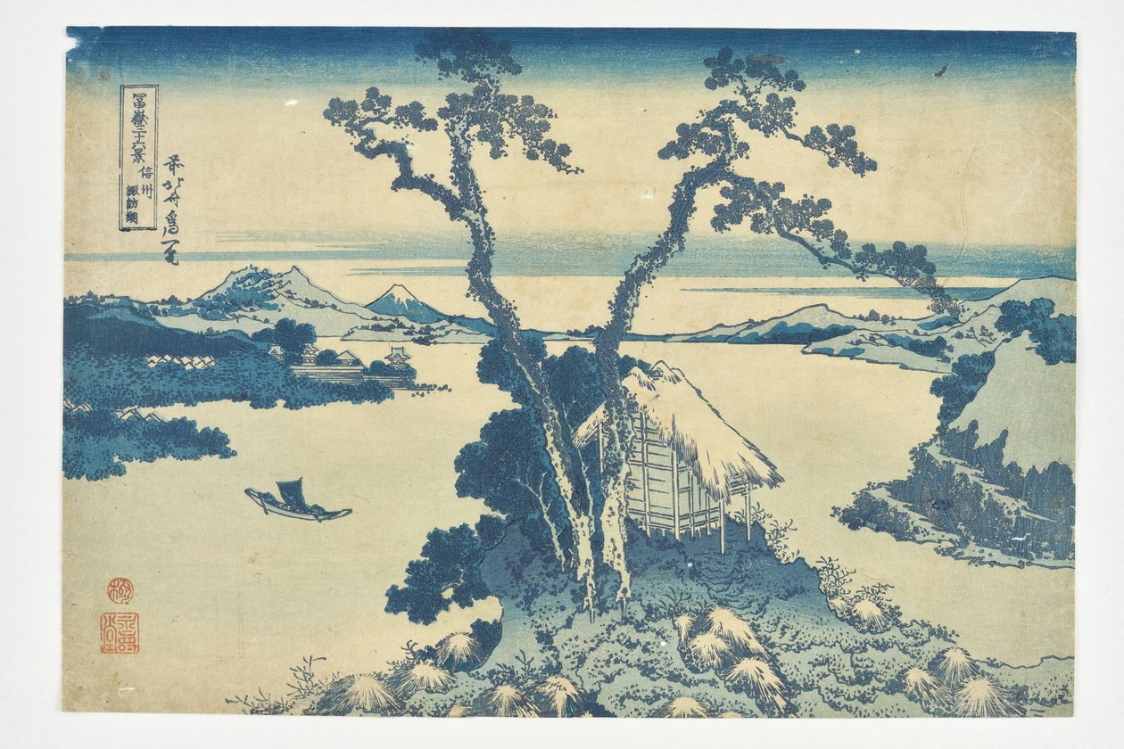 Jezioro Suwa w prowincji Shinshū z cyklu „36 widoków góry Fuji” autorstwa Katsushika Hokusai
