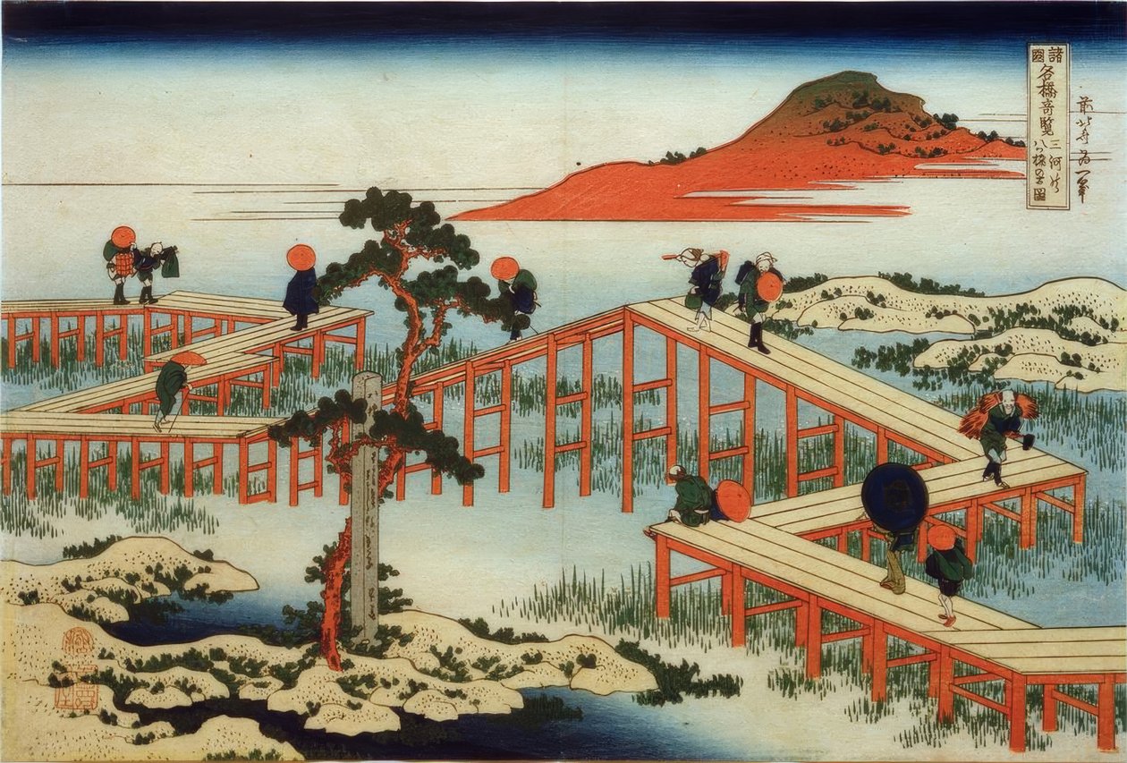 Stary widok na most Yatsuhashi w prowincji Mikawa autorstwa Katsushika Hokusai