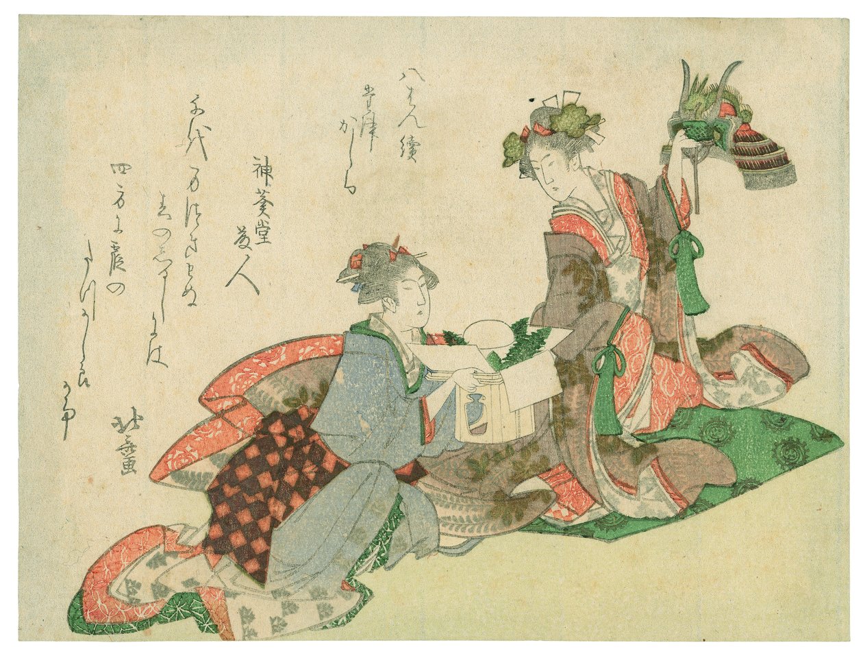 Hełm z głową smoka (dwie kobiety z noworocznymi ozdobami) autorstwa Katsushika Hokusai