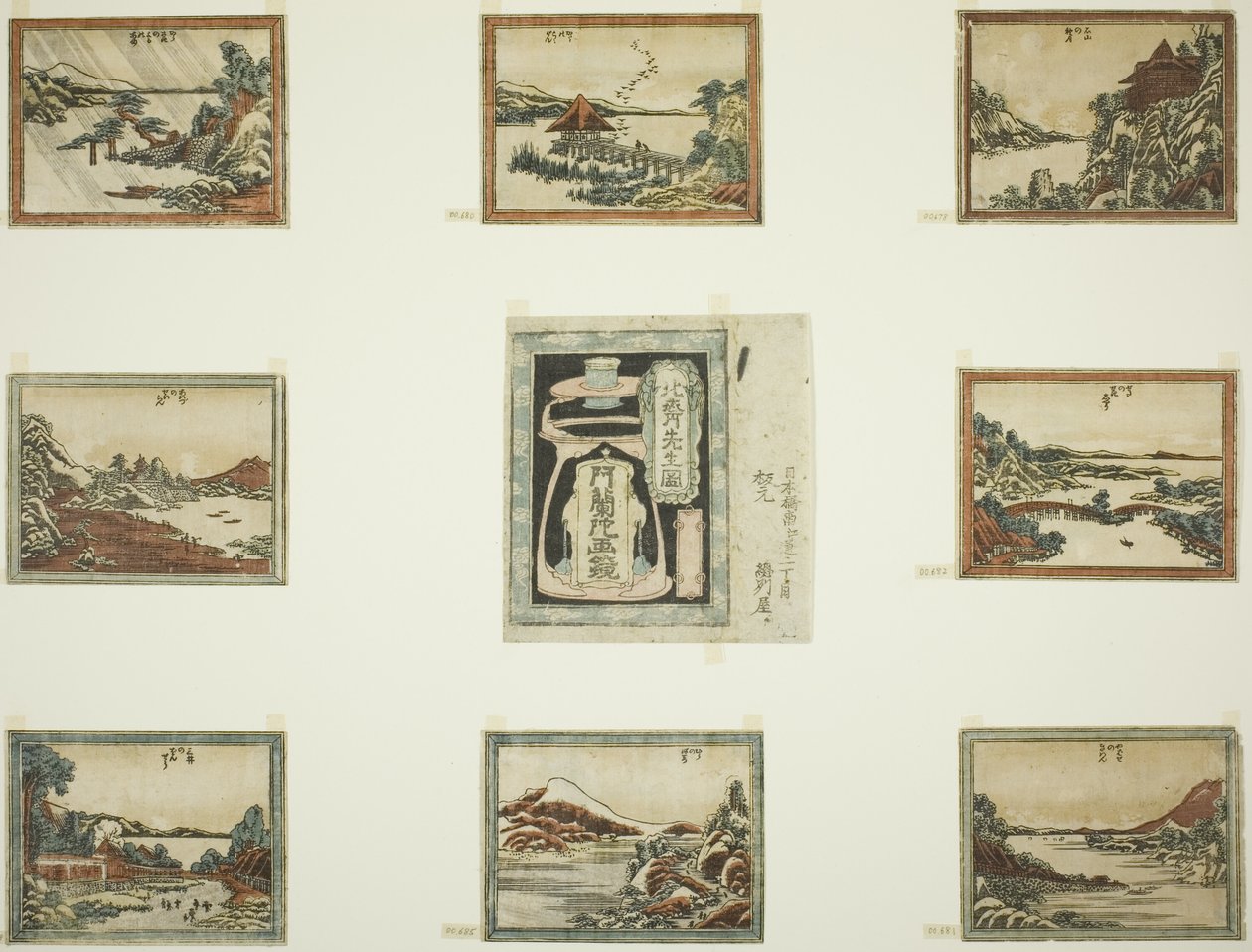 Osiem widoków Omi w stylu wytrawionym (Doban Omi hakkei) i okładka autorstwa Katsushika Hokusai
