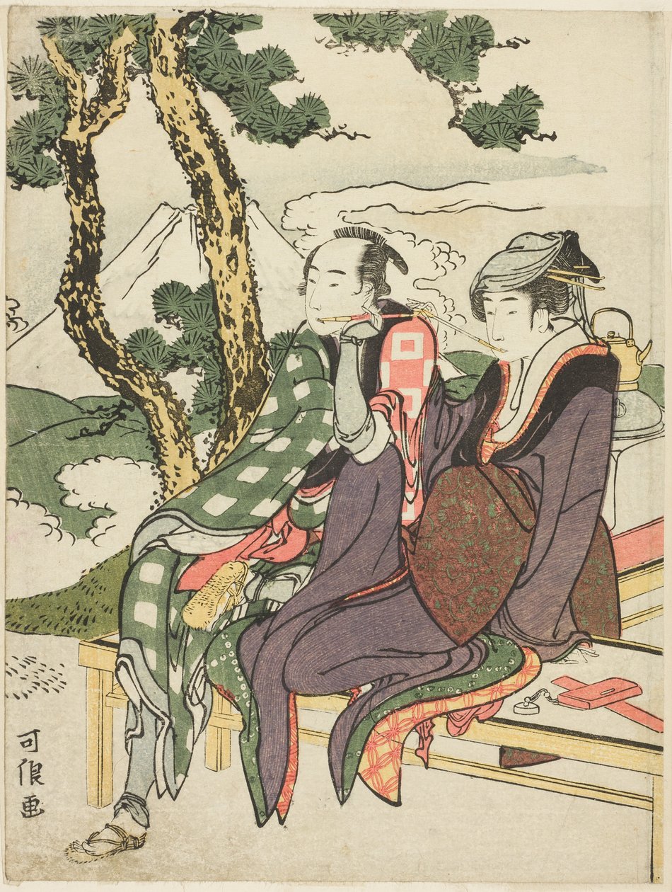 Evening Glow for Date no Yosaku i Seki no Koman, z serii bez tytułu znanej jako „Osiem widoków tragicznych kochanków (Michiyuki hakkei)” autorstwa Katsushika Hokusai
