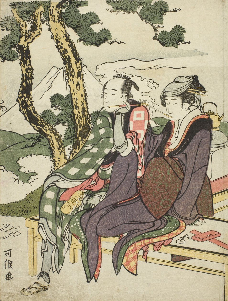Evening Glow for Date no Yosaku i Seki no Koman, z serii bez tytułu znanej jako Osiem widoków tragicznych kochanków autorstwa Katsushika Hokusai