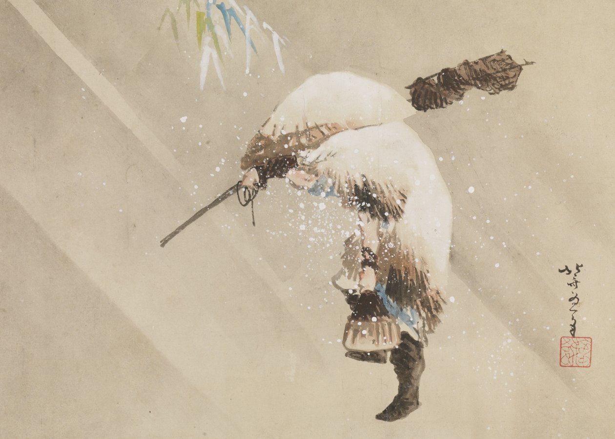 Rybak niosący sieć na śniegu, ok. 1821 (atrament, kolor i zabawa na papierze) autorstwa Katsushika Hokusai
