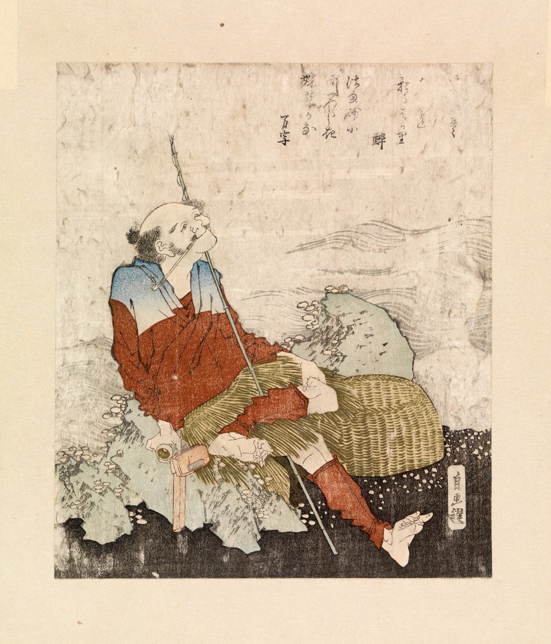 Rybak palący nad strumieniem, ok. 1835 r. (kolorowy drzeworyt) autorstwa Katsushika Hokusai