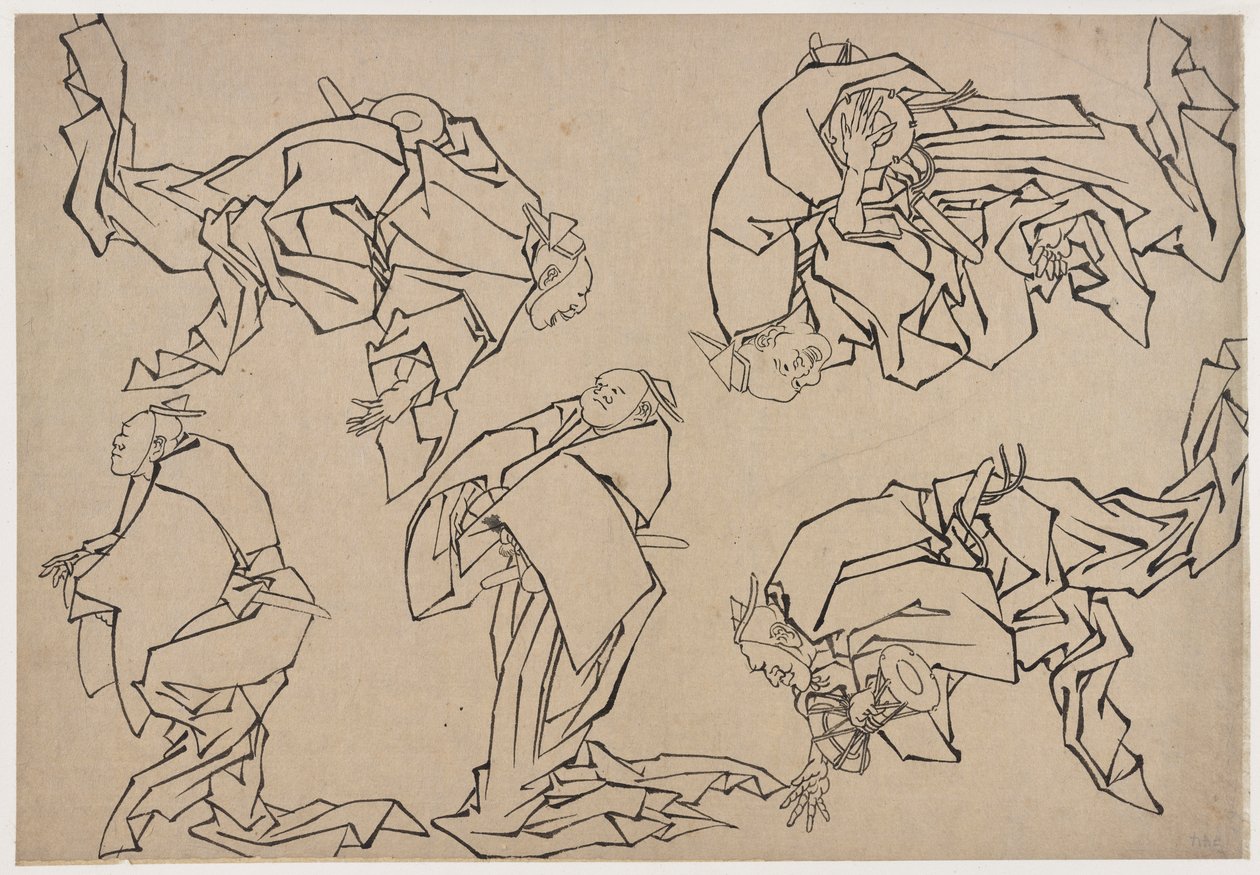 Pięciu muzyków grających na bębnach, koniec XVIII-początek XIX wieku. autorstwa Katsushika Hokusai