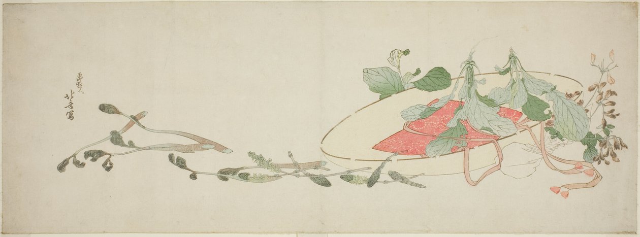 Kwiaty i wiosenne zielenie w kapeluszu autorstwa Katsushika Hokusai
