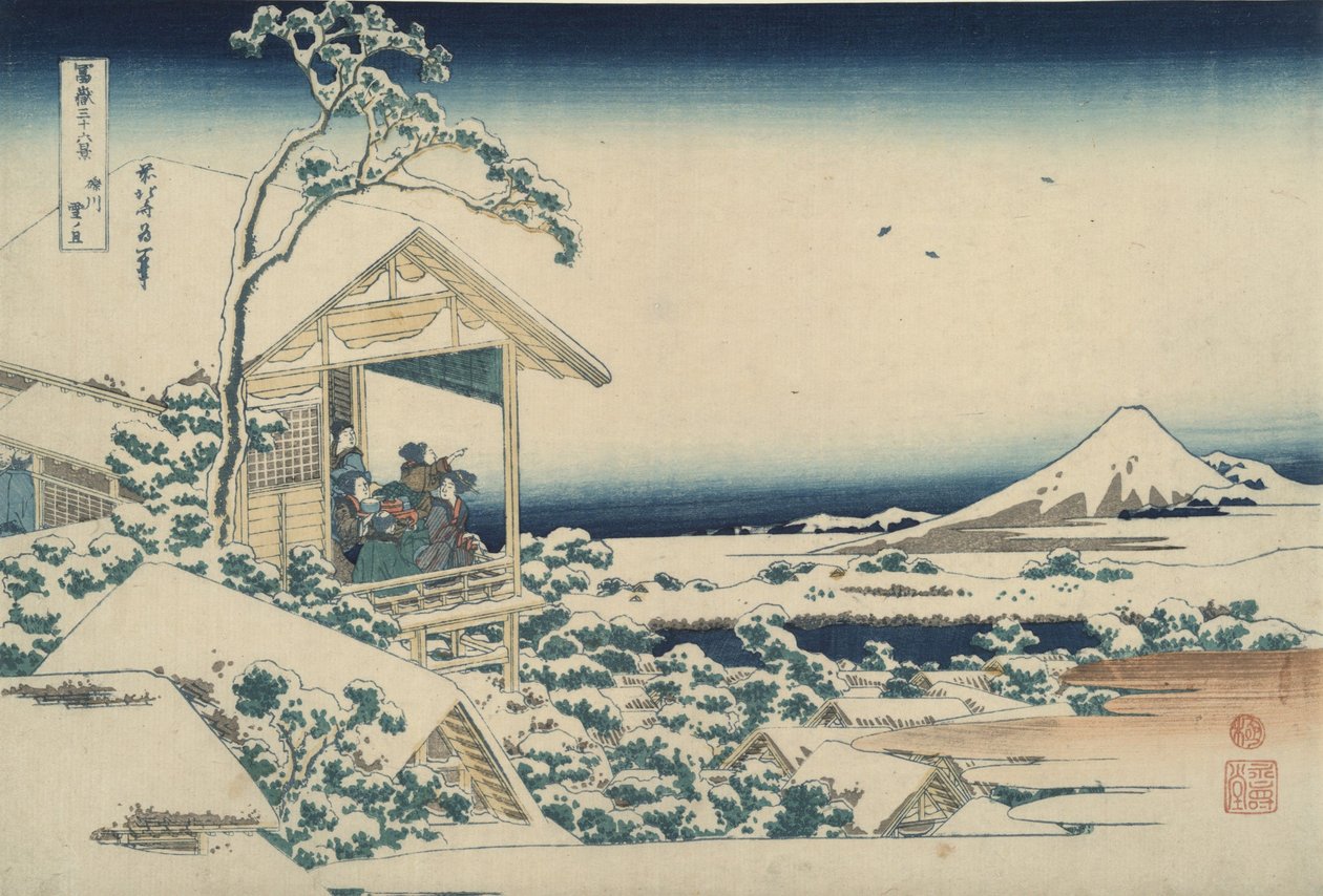 Góra Fuji widziana z Koishikawy w śnieżny poranek, z cyklu „Trzydzieści sześć widoków góry Fuji” autorstwa Katsushika Hokusai