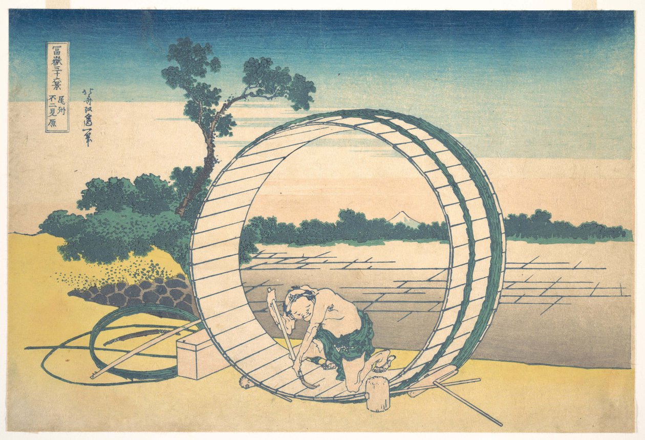 Fujimigahara w prowincji Owari (Bishū Fujimigahara), z cyklu „Trzydzieści sześć widoków góry Fuji” (Fugaku sanjūrokkei) autorstwa Katsushika Hokusai