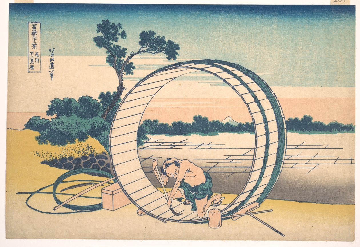 Fujimigahara w prowincji Owari (Bishū Fujimigahara), z cyklu „Trzydzieści sześć widoków góry Fuji” (Fugaku sanjūrokkei) autorstwa Katsushika Hokusai