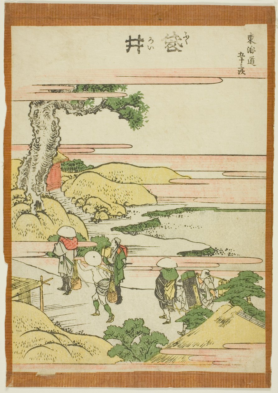 Fukoroi z serii „Pięćdziesiąt trzy stacje Tokaido (Tokaido gojusan tsugi)” autorstwa Katsushika Hokusai