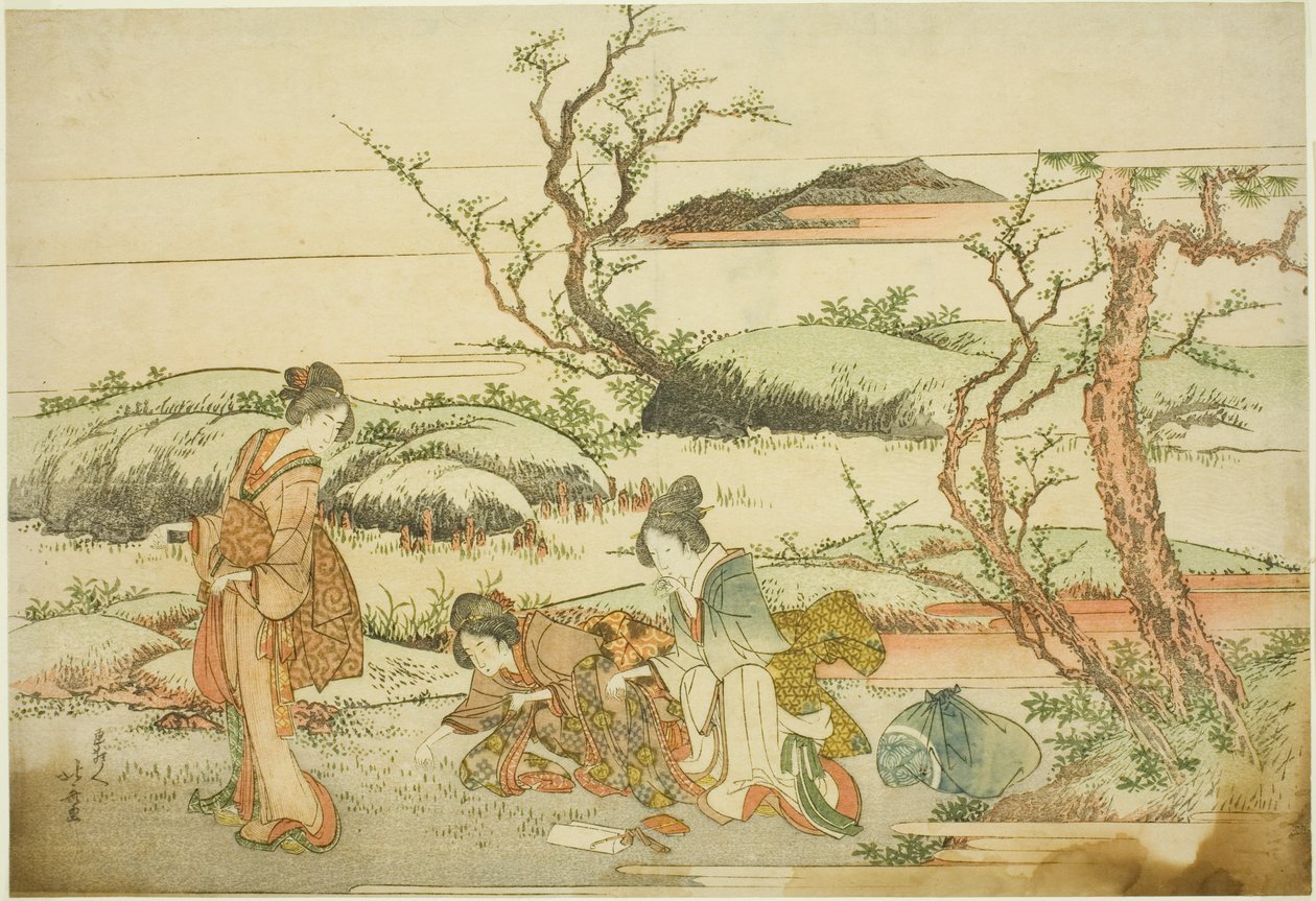 Zbieranie wiosennych zieleni, z albumu „Fuji in Spring (Haru no Fuji)” autorstwa Katsushika Hokusai