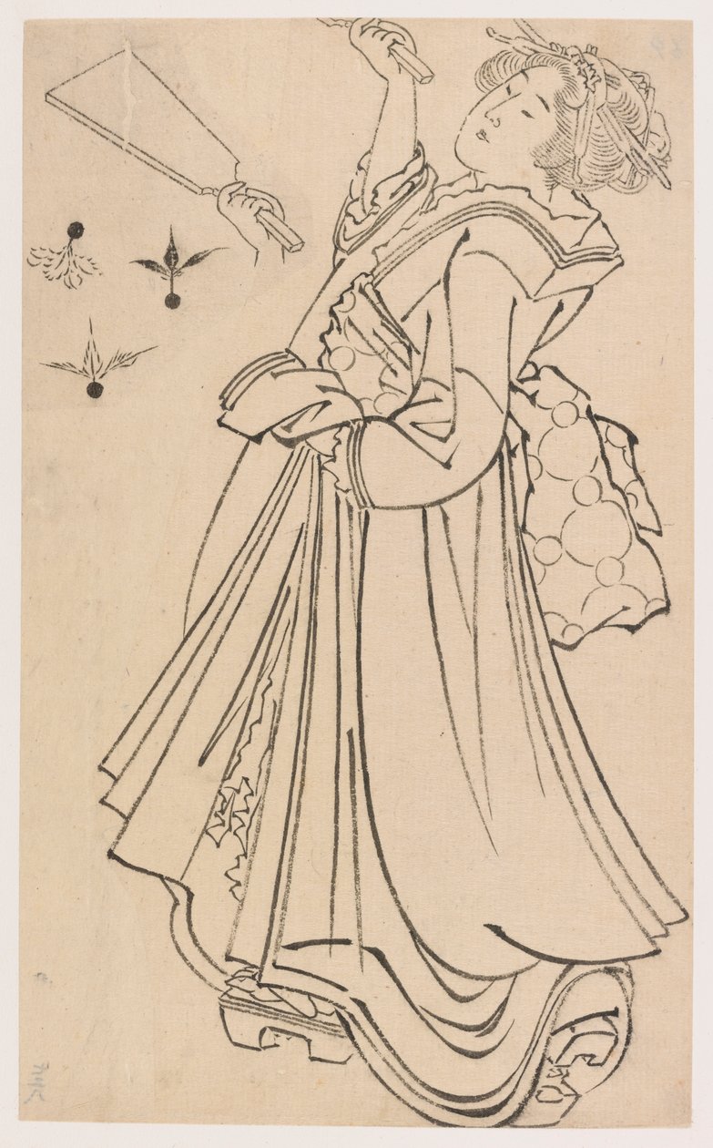 Dziewczyna bawiąca się bitewną i lotką, koniec XVIII-początek XIX wieku. autorstwa Katsushika Hokusai