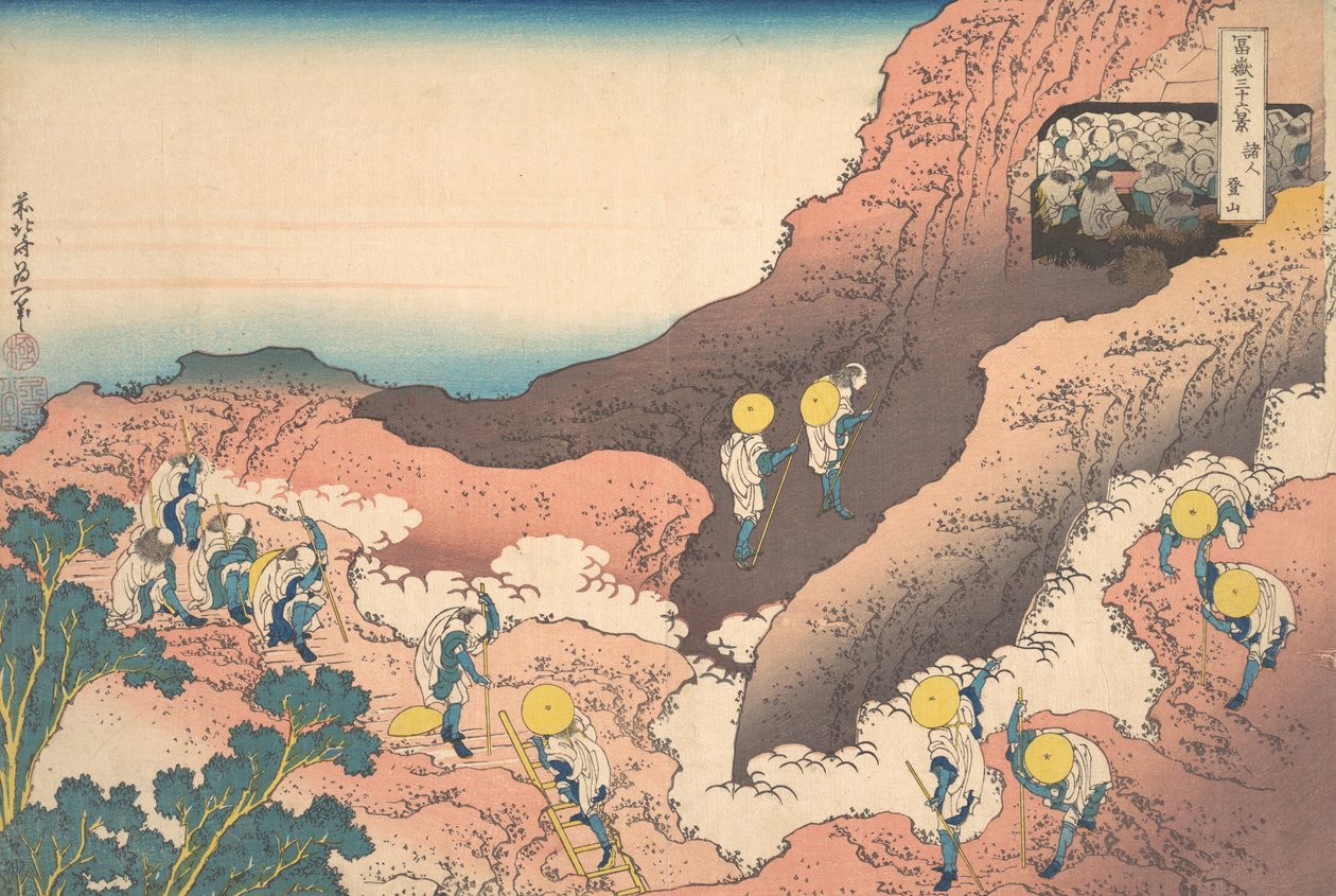 Grupy alpinistów Shojin tozan, z cyklu Trzydzieści sześć widoków Mou..., ca. 1830-32. autorstwa Katsushika Hokusai