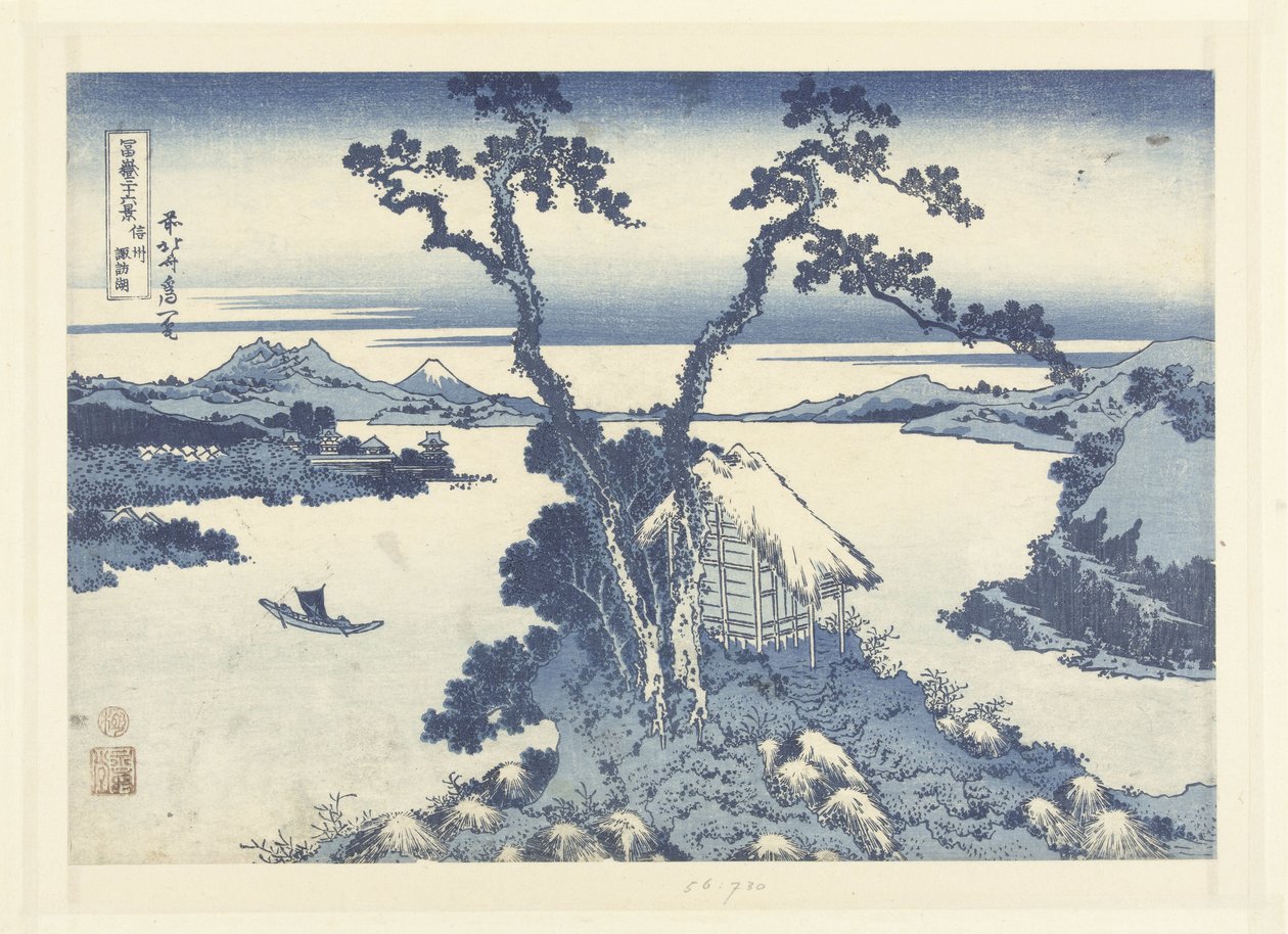 Jezioro Suwa w Shinano Shinshu Suwako (tytuł na obiekcie) 36 widoków góry Fuji (tytuł serii) Fugaku sanjurokkei (tytuł serii na obiekcie) autorstwa Katsushika Hokusai