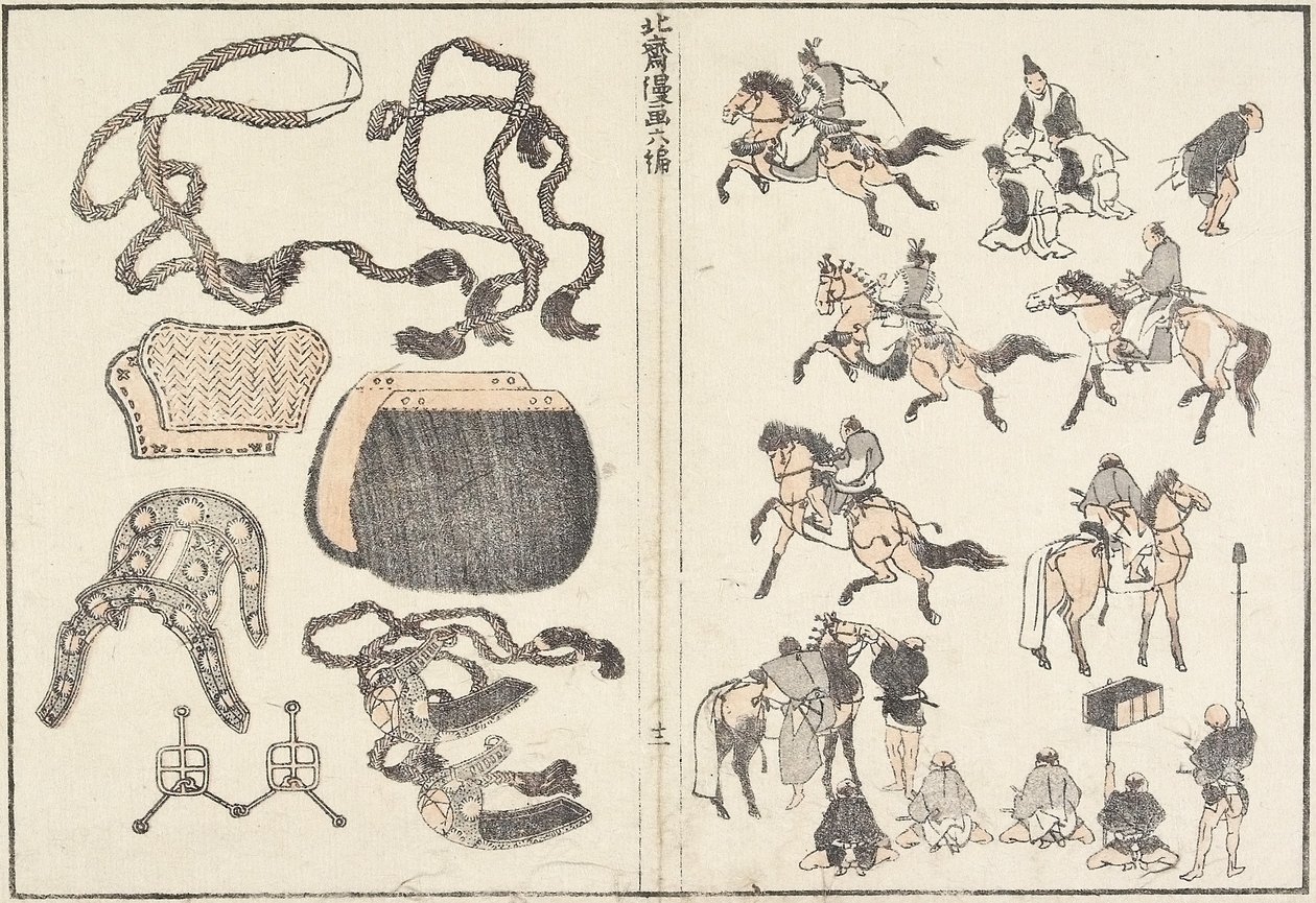 Jeźdźcy konni i uprząż, 1817 autorstwa Katsushika Hokusai
