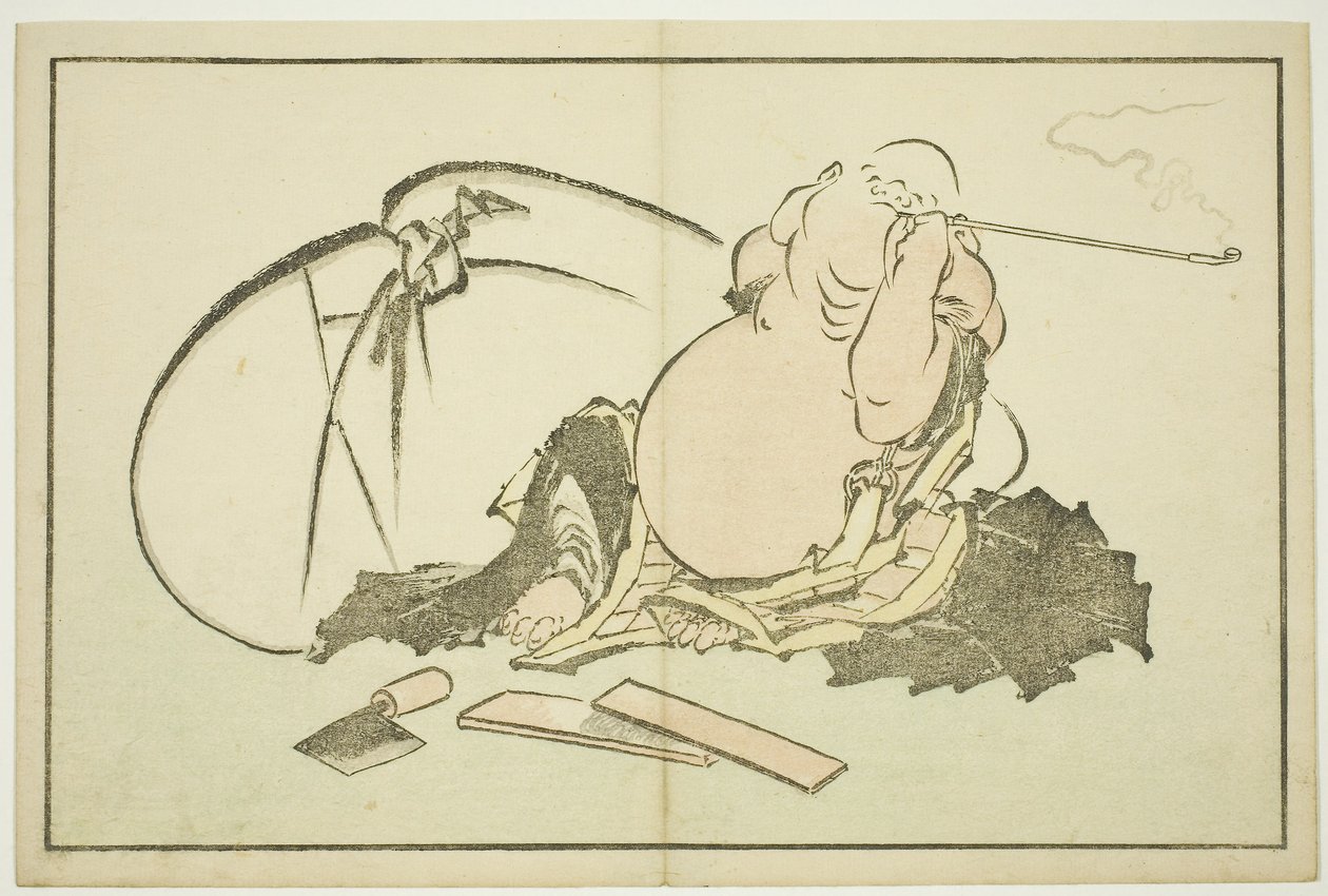Hotei palący fajkę, z książki z realistycznymi obrazami Hokusaia (Hokusai shashin gafu), ok. 1814 (kolorowy drzeworyt (arkusz albumu)) autorstwa Katsushika Hokusai