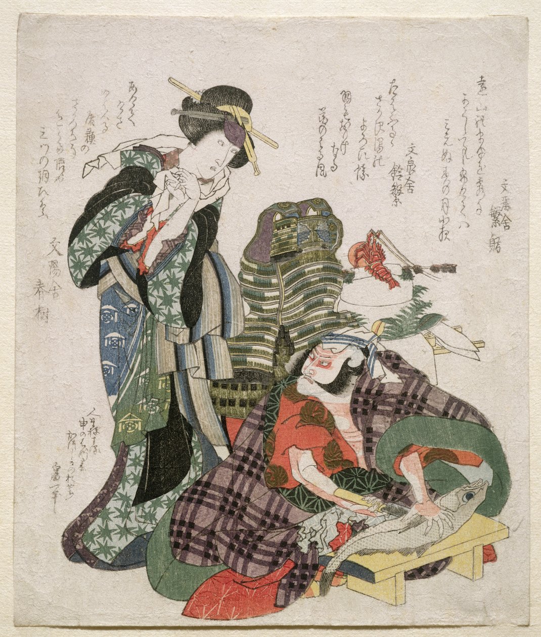 Ichikawa Danjuro i Ichikawa Monnosuke jako Jagekiyo i Iwai Kumesaburo, 1824 (drzeworyt) autorstwa Katsushika Hokusai