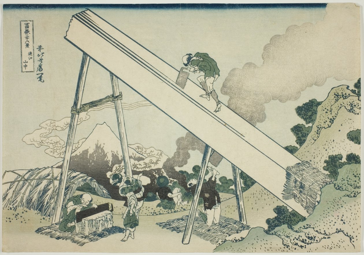 W górach Totomi (Totomi sanchu), z serii „Trzydzieści sześć widoków na górę Fuji (Fugaku sanjurokkei)” autorstwa Katsushika Hokusai