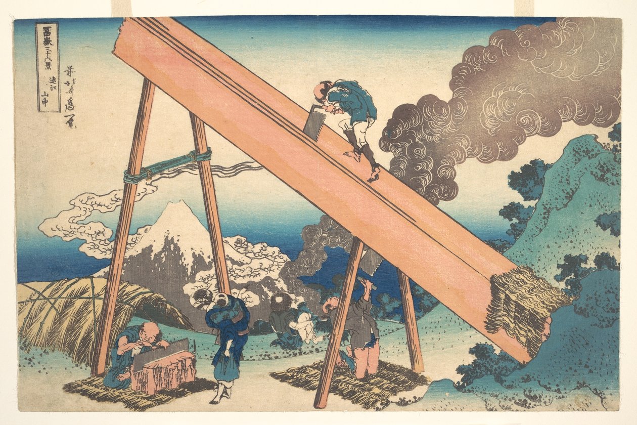 W górach prowincji Tōtomi (Tōtomi sanchū), z cyklu „Trzydzieści sześć widoków góry Fuji” (Fugaku sanjūrokkei) autorstwa Katsushika Hokusai