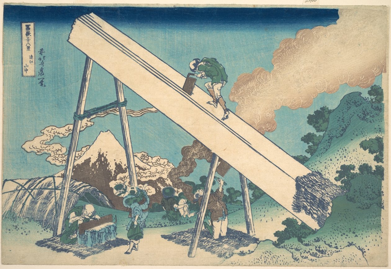 W górach prowincji Tōtomi (Tōtomi sanchū), z cyklu „Trzydzieści sześć widoków góry Fuji” (Fugaku sanjūrokkei) autorstwa Katsushika Hokusai