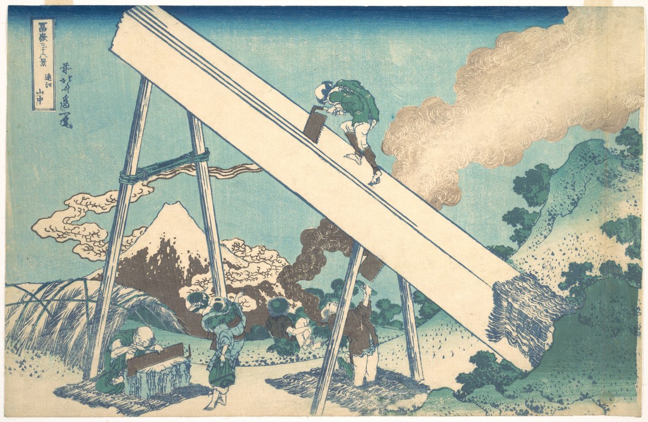 W górach prowincji Tōtomi (Tōtomi sanchū), z cyklu „Trzydzieści sześć widoków góry Fuji” (Fugaku sanjūrokkei) autorstwa Katsushika Hokusai