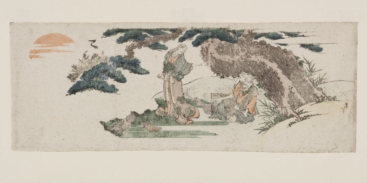 J? i Uba, starożytna para Takasago (kolorowy drzeworyt) autorstwa Katsushika Hokusai
