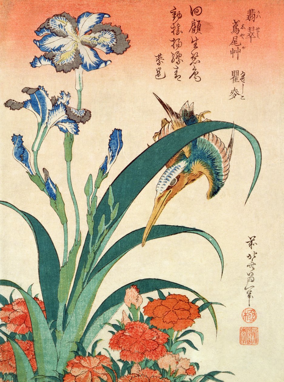 Zimorodek, irys i róż, wyd. przez Nishimura Eijudo, ok. 1832, jedna z zestawu dziesięciu odbitek, (rozmiar chuban, kolorowy drzeworyt) autorstwa Katsushika Hokusai