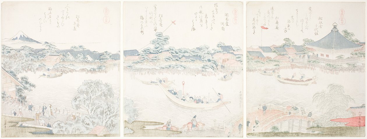 Hala Komagata i brzeg rzeki O-umaya z cyklu „Wybór koni (Uma zukushi)” autorstwa Katsushika Hokusai